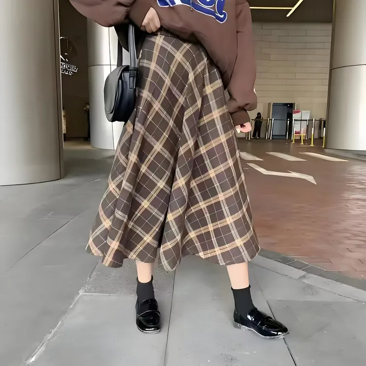 vintage古着女装百搭秋冬半身裙复古废土风格子显瘦时尚中腰格纹