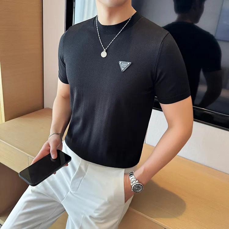 2024夏秋新款男士冰丝圆领弹力针织衫修身简约休闲纯色短袖T恤