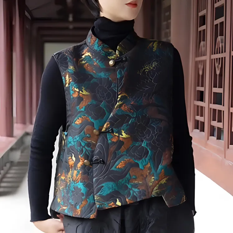 【静哚】现货新款浮光花影莲花纹提花新中式大气丹青色女士提花马夹