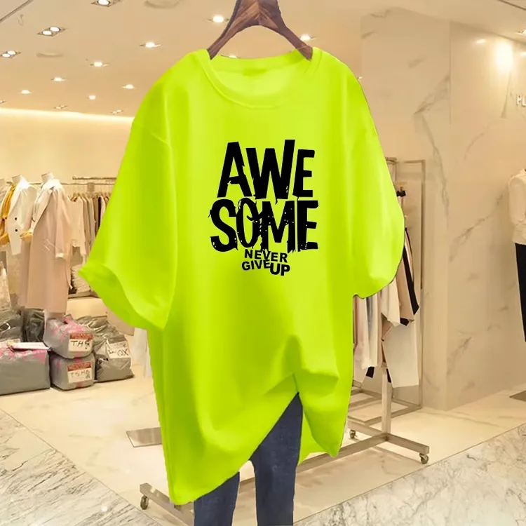 圆领短袖T恤女2025夏季新款韩版宽松显瘦中长款纯棉字母上衣ins潮