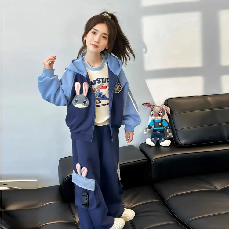 女童套装春秋款2024新款兔子朱迪警官儿童外套宝宝秋季针织三件套
