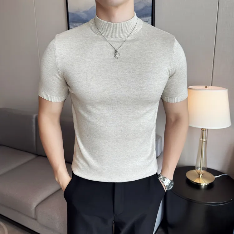 欧洲站 2025秋冬新款毛衣 纯色修身半高领短袖针织毛衣打底衫男