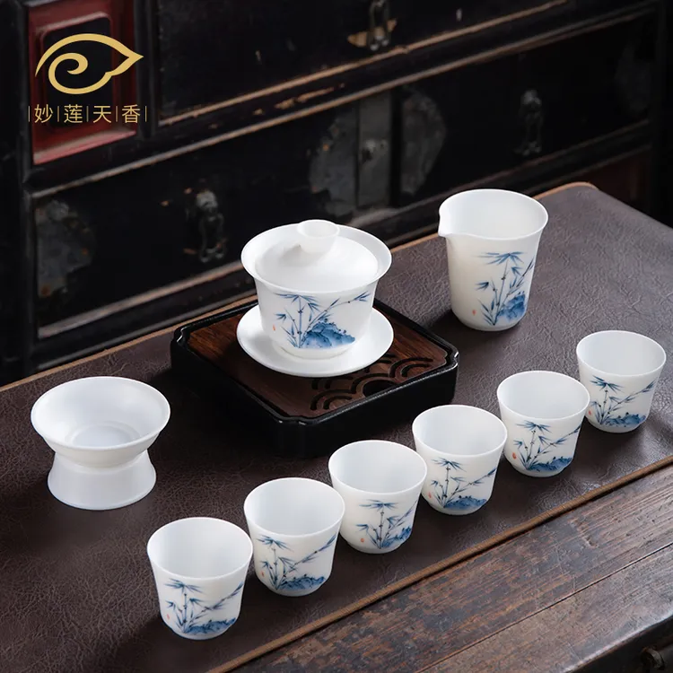 妙莲天香德化高档羊脂玉瓷手绘清竹节节高升整套功夫茶具送礼套装