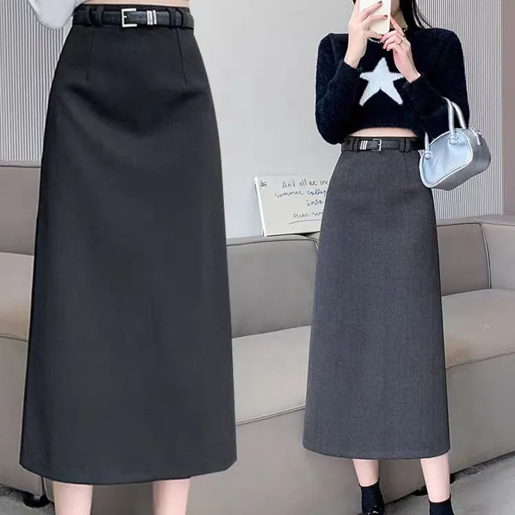 黑色直筒毛呢半身裙女秋冬中长款包臀裙2024新款高腰A字裙裙子潮
