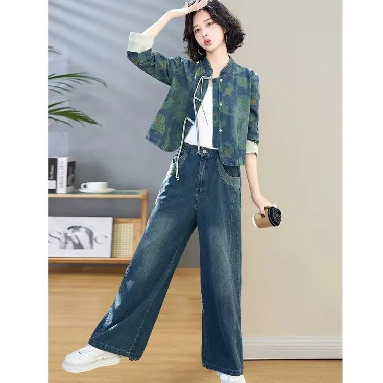2024中式国风秋季新款阔腿裤两件套牛仔减龄复古印花盘扣套装