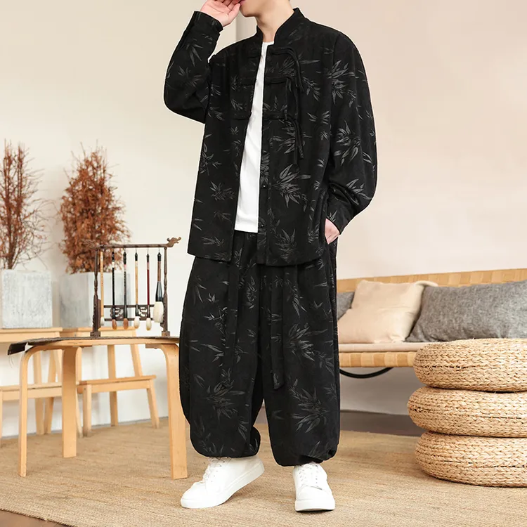 灯芯绒衬衫男长袖新中式唐装中国风印花汉服套装大码灯笼裤两件套