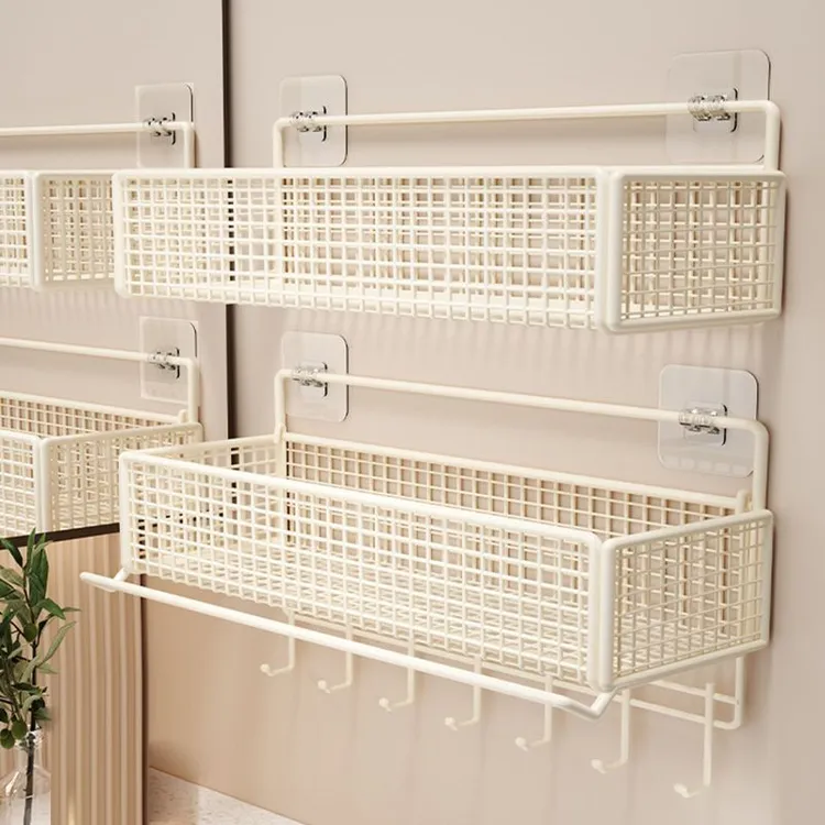 奶油风卫生间收纳架免打孔壁挂式墙上置物架洗手间浴室洗漱台架子