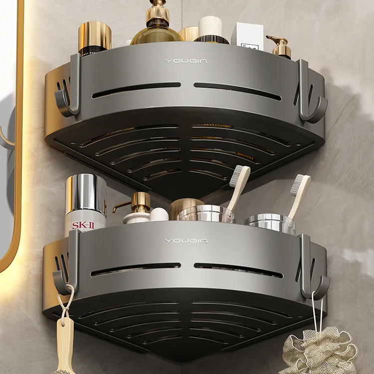 枪灰色卫生间浴室三角置物架壁挂式免打孔转角厕所洗手洗澡间收纳