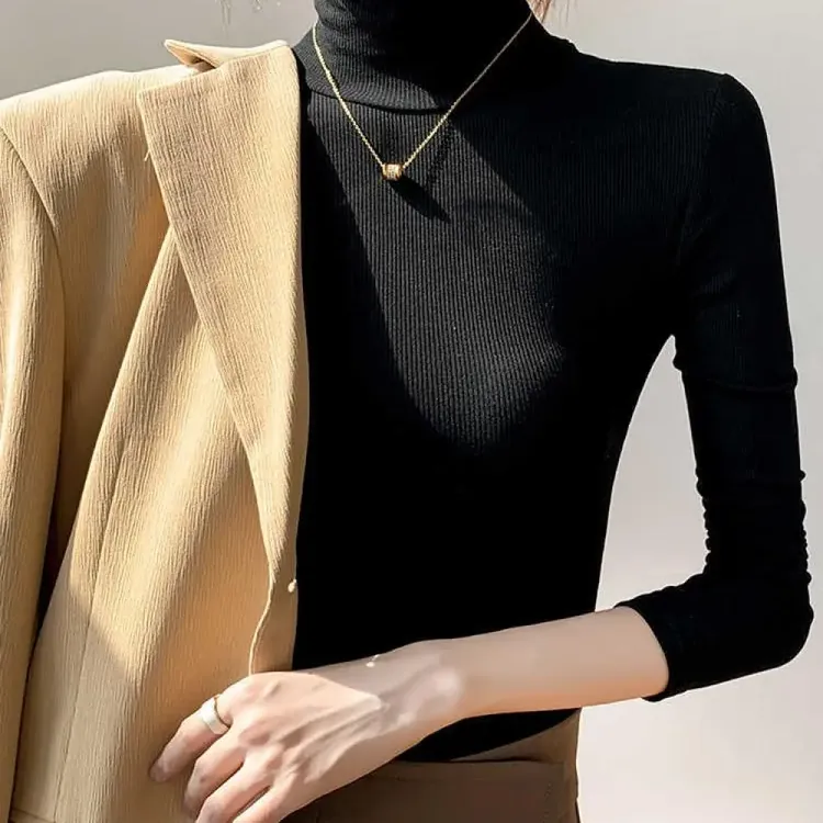 千朔高领长袖修身打底衫女秋冬单穿内搭长袖T恤衫螺纹上衣女