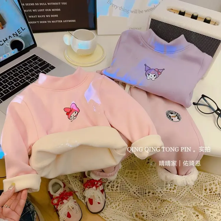 女童加绒加厚半高领打底衫卡通套装休闲女宝宝上衣