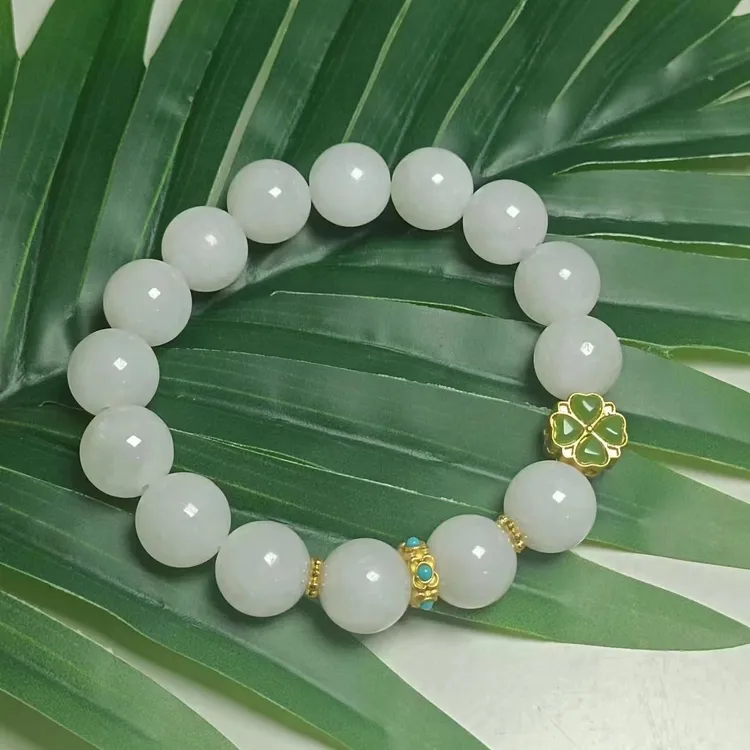 天然和田白玉卡12mm珠径手串男女款四叶草白玉手串轻奢白色气质