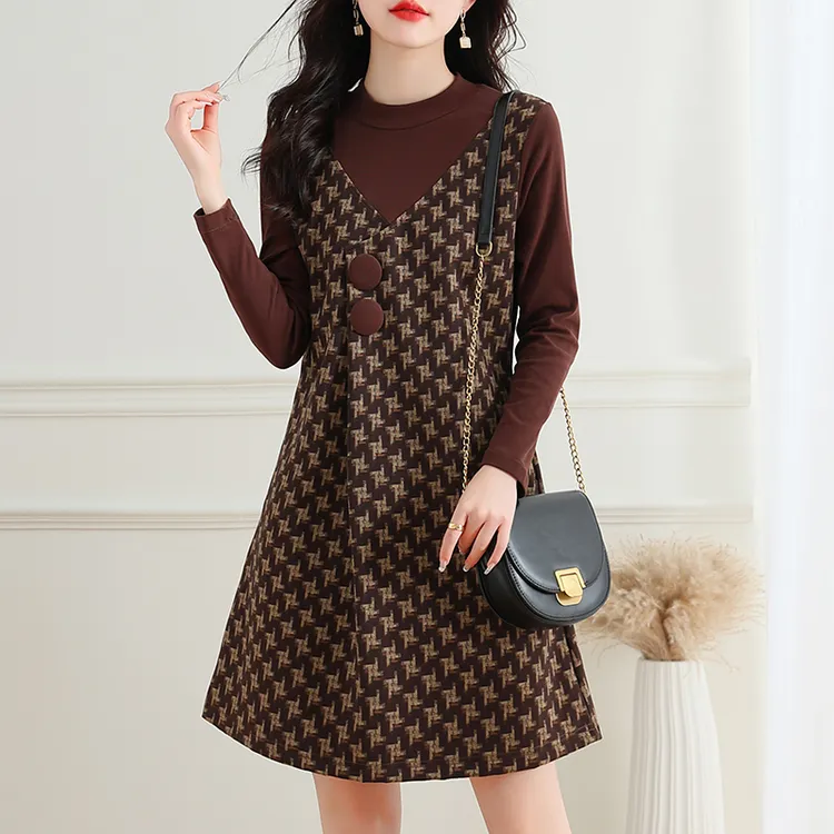 小香风气质拼接连衣裙女秋季2025新款高端洋气遮肚显瘦减龄A字裙