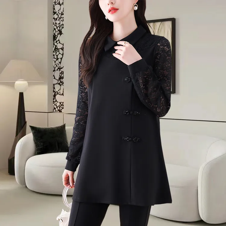中式设计感蕾丝长袖衬衫2025秋季新款大码中长黑色遮肚显瘦上衣女