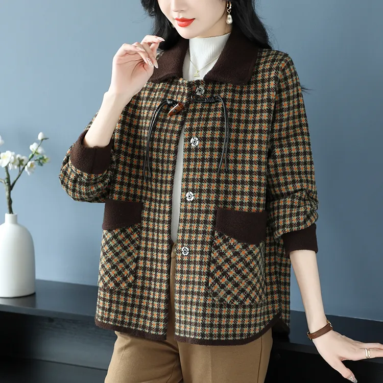 千鸟格翻领女士外套春秋洋气时尚高端大气中年妈妈装毛呢开衫大码