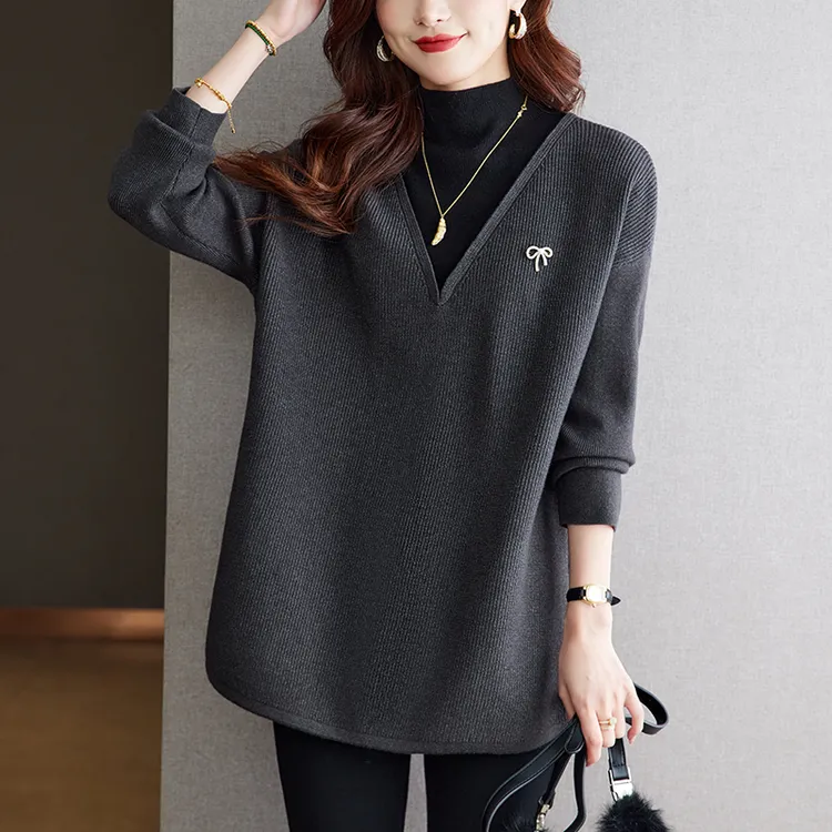 半高领假两件毛衣女时尚宽松遮肚子上衣秋冬季新款大码胖mm打底衫