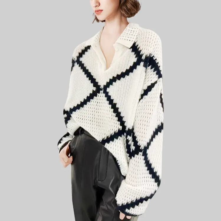 设计感撞色镂空宽松针织衫女2025年秋装新款黑白气质显瘦毛衣外套