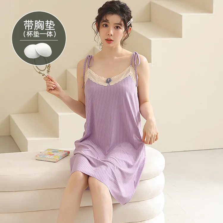 睡衣女夏季冰丝吊带裙 2025爆款性感带胸垫睡裙O91001甜美睡衣裙