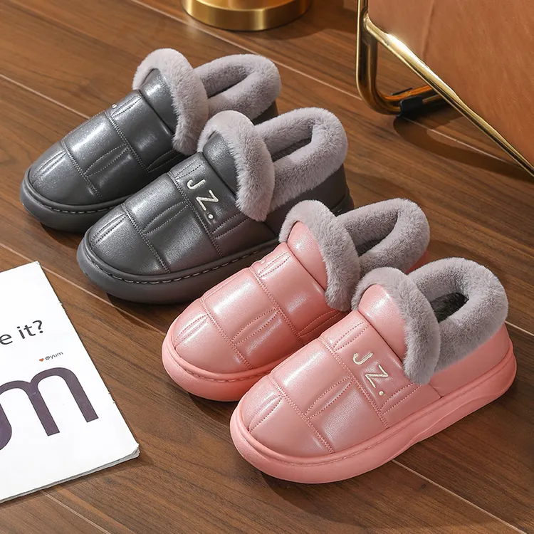 棉拖鞋情侣款加绒加厚包跟厚底pu皮面女居家鞋冬季男士外出棉拖鞋