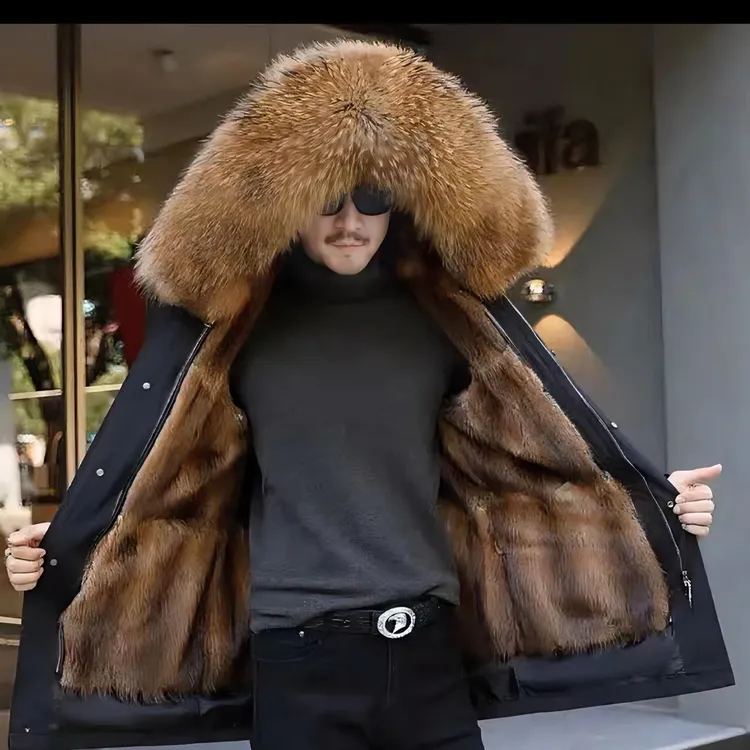 （艾格米娜）精品时尚男士冬季中长款连帽外套（貂毛内胆）休闲男款