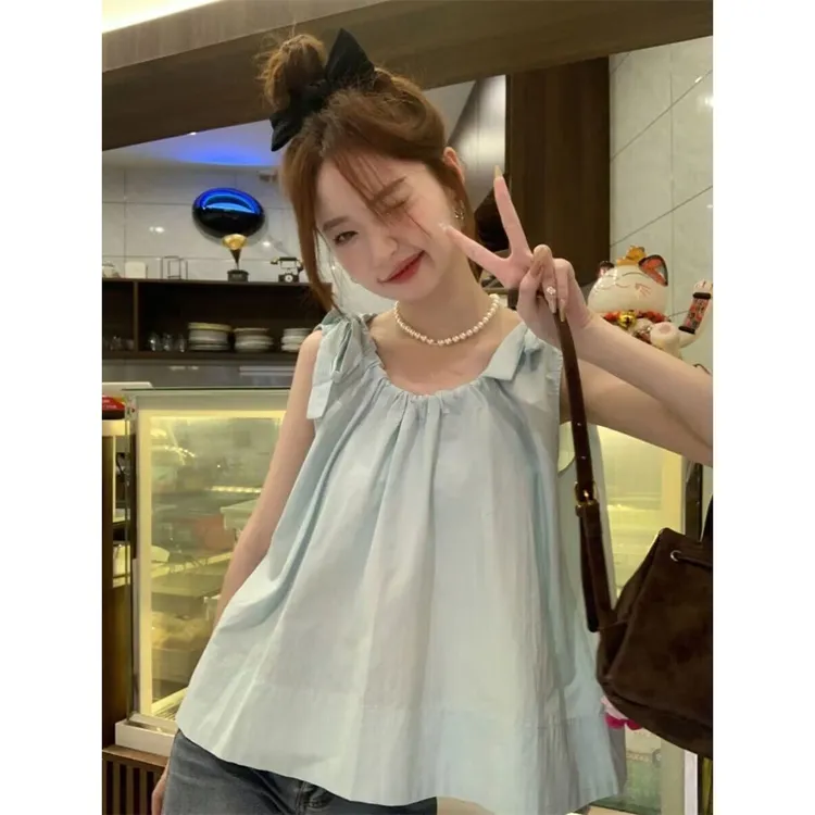 新款多巴胺系带个性显瘦无袖绑带坎肩背心女夏褶皱显瘦气质小衫