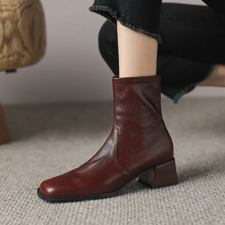 羊皮方头中跟短筒时装靴女秋冬新款侧拉链粗跟5cm瘦瘦靴简约