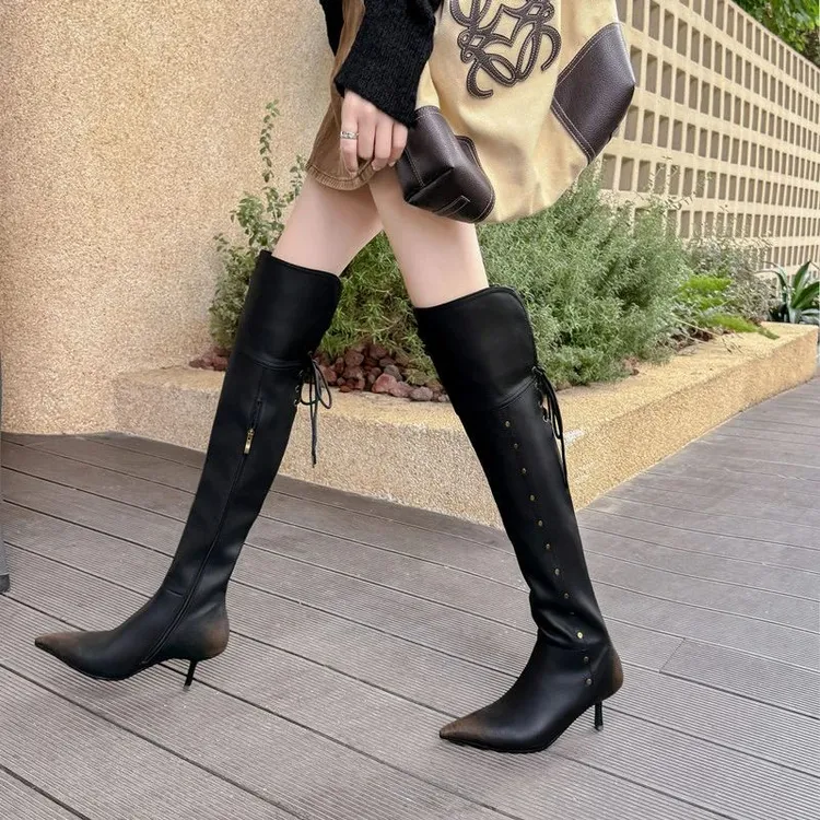 美式辣妹细跟过膝靴l黑色秋冬新款全皮可翻折两穿侧拉链时装靴