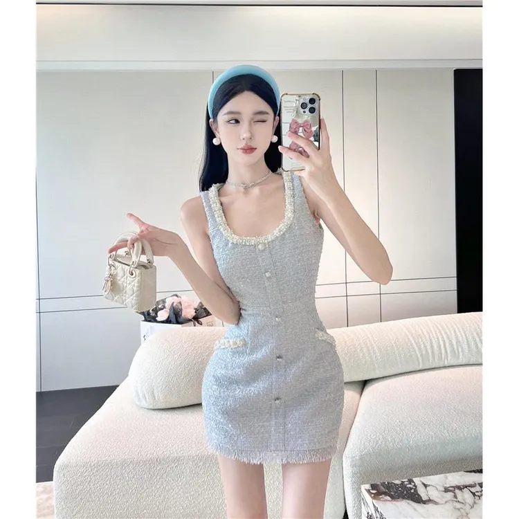适用于小香风手工钉珠收腰包臀背心粗花呢连衣裙2024夏季新款法式