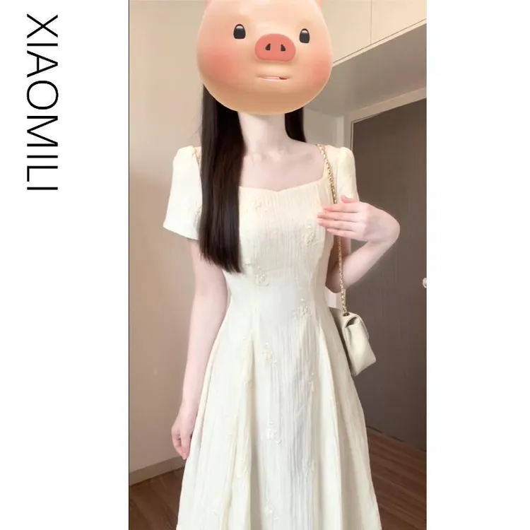 适用于茶歇法式刺绣连衣裙女夏气质收腰泡泡短袖桔梗长裙初恋约会