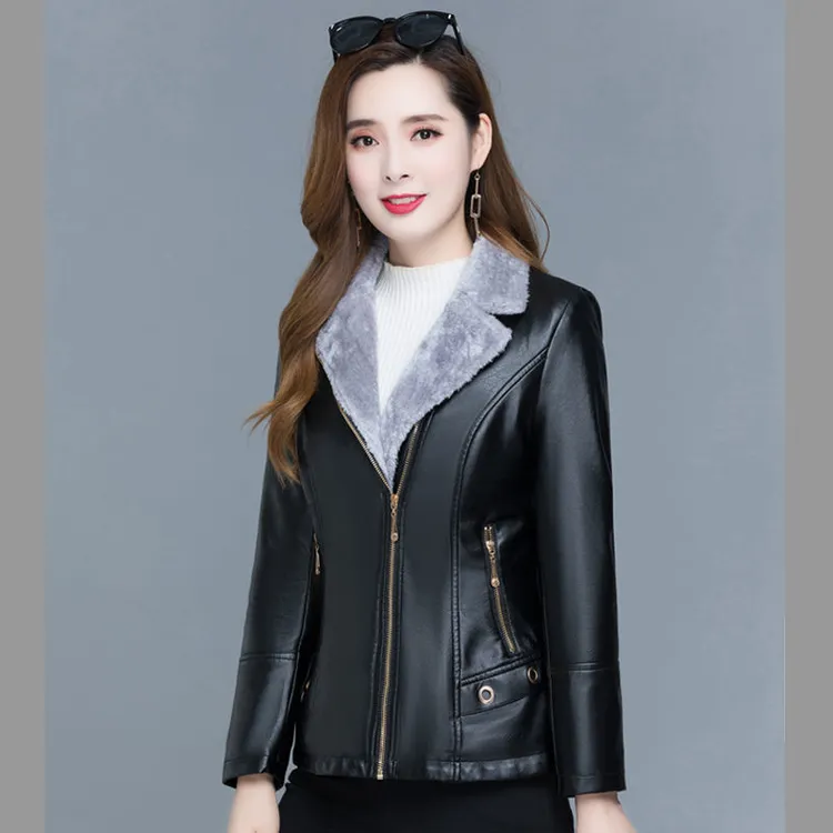 女士皮衣加绒加厚新款2025冬季外套皮毛一体修身显瘦短款皮夹克潮