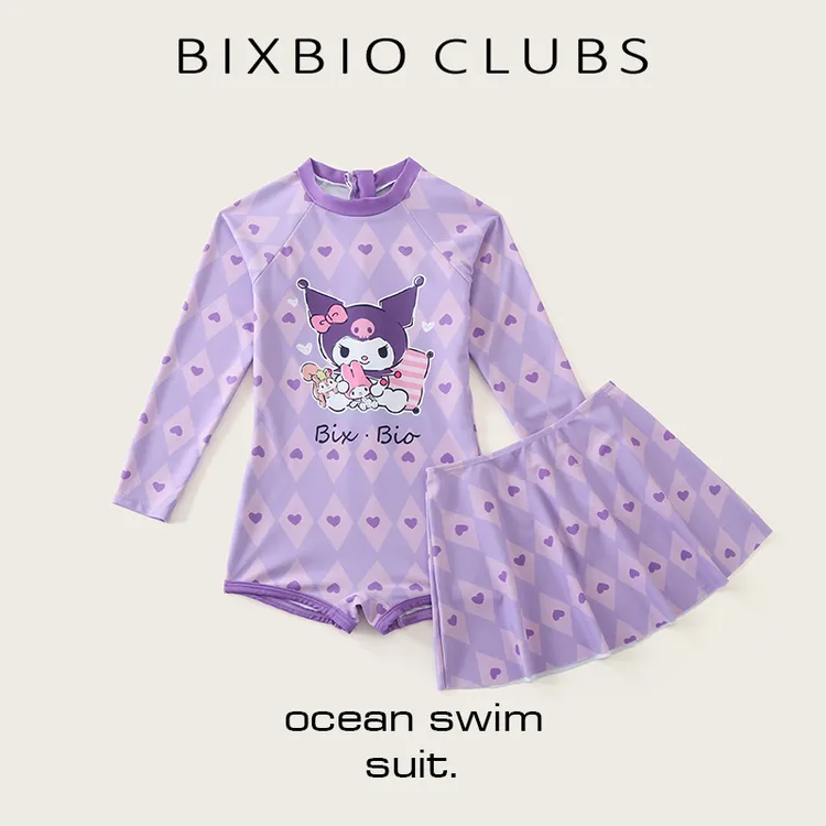 bixbio【爱心库洛米】儿童中大童女孩长袖连体可爱甜美卡通游泳衣
