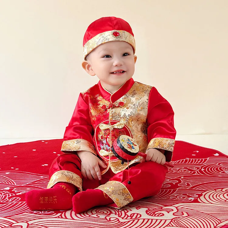 国风男童一周岁宴礼服男宝宝周岁抓周用百天红色婴儿唐装唐装秋款