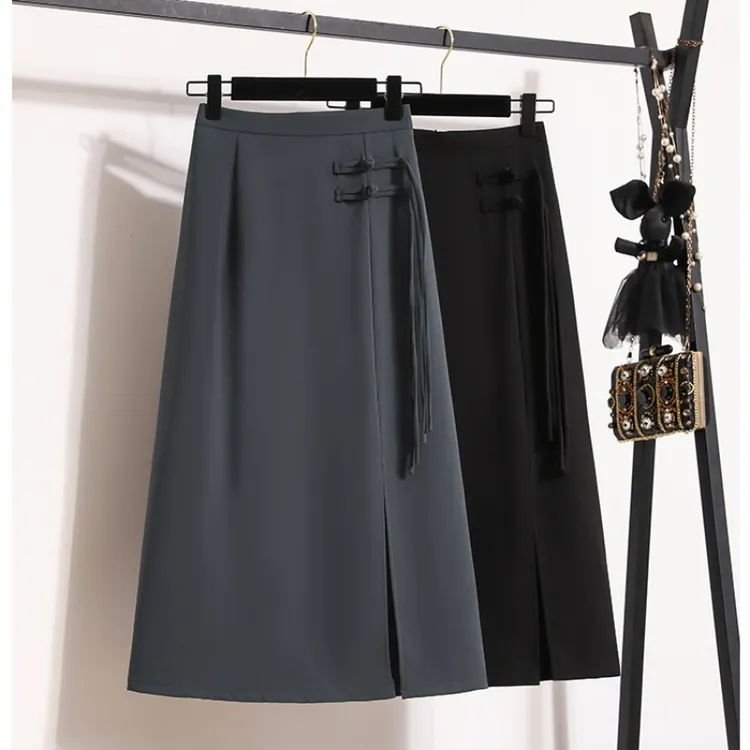 新中式2025国风女装高腰新款显瘦半身裙垂感半身裙开叉气质中长款