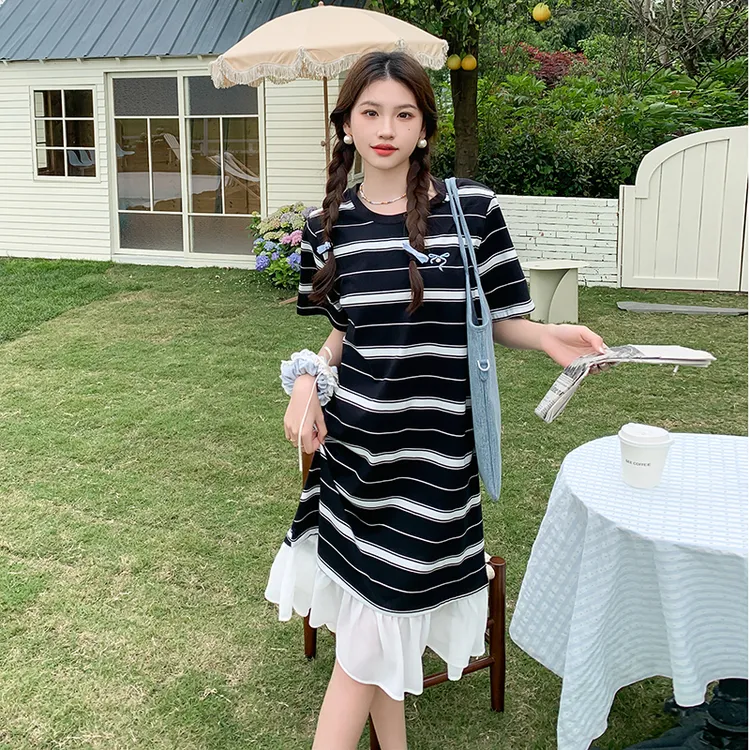 中长款条纹针织减龄气质韩版遮肚时尚夏季辣妈拼接显瘦宽松连衣裙