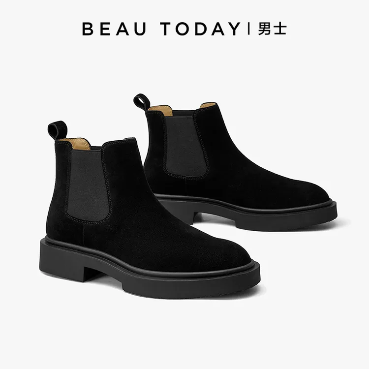 BeauTodayBT切尔西男鞋真皮中跟磨砂反绒圆头厚底靴宽脚胖脚可穿