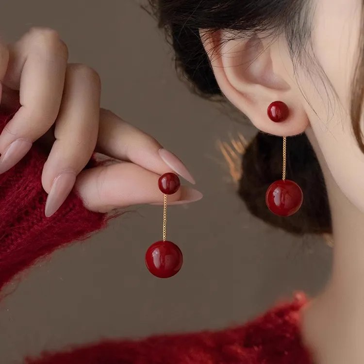 铜合金耳饰 安可拉红仿珍珠耳环后戴式耳坠气质秋冬温柔新年耳饰