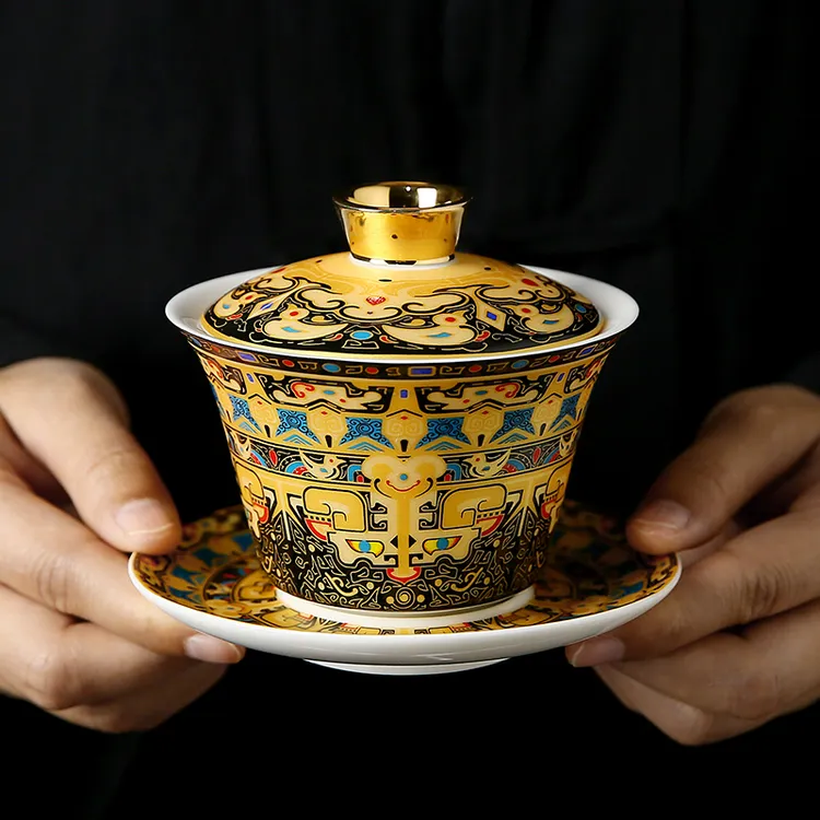 唐卡悬停盖碗手工陶瓷敬茶碗高档礼品功夫茶具中式三才泡茶碗茶杯