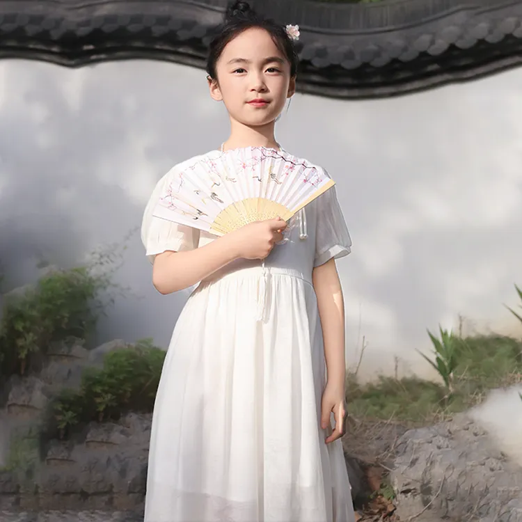 女大童裙子汉服女童夏季纱裙古装夏装白色洋气中大童中国风小女孩