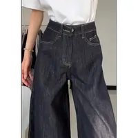 美式深蓝阔腿牛仔裤女2025秋季新款高腰显瘦宽松百搭垂感拖地裤子