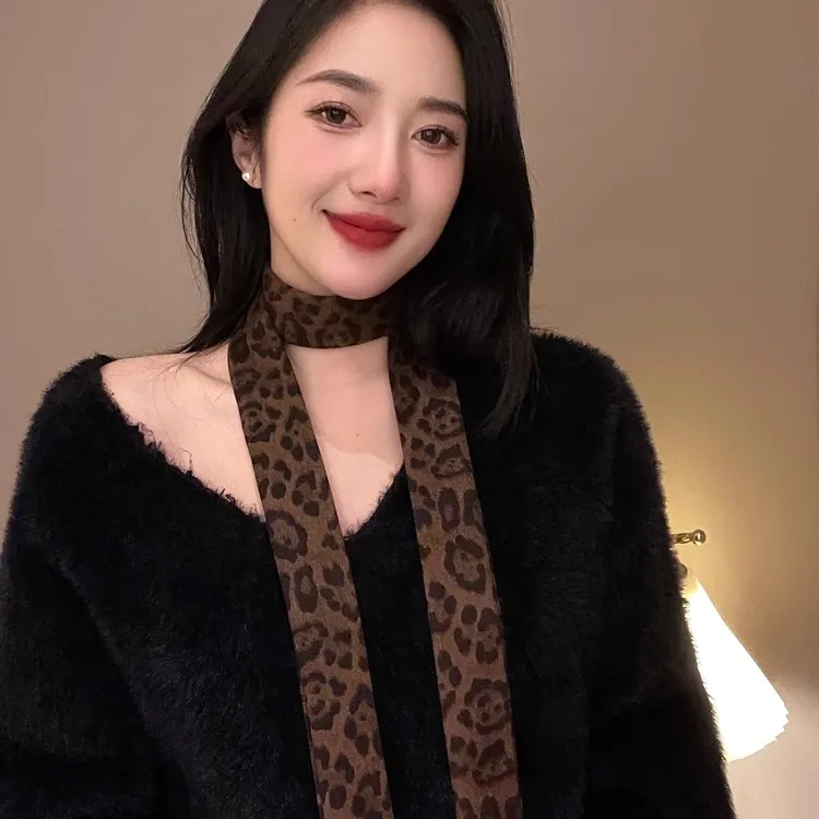 美拉德风豹纹秋冬百搭气质细窄长条小围巾护颈围脖高级感装饰颈带