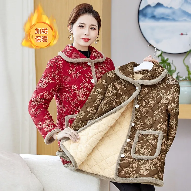 中老年女士秋冬加绒保暖棉衣外套翻领妈妈装棉服罩衣家居服棉袄