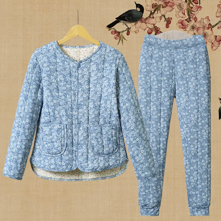 妈妈套装冬季夹棉外穿小棉袄棉裤两件套碎花中老年老太太保暖开衫