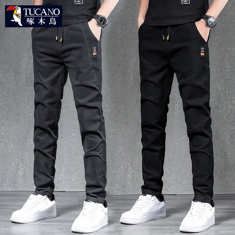 啄木鸟秋冬新款休闲裤男士修身直筒裤子男款加绒加厚小脚显高长裤