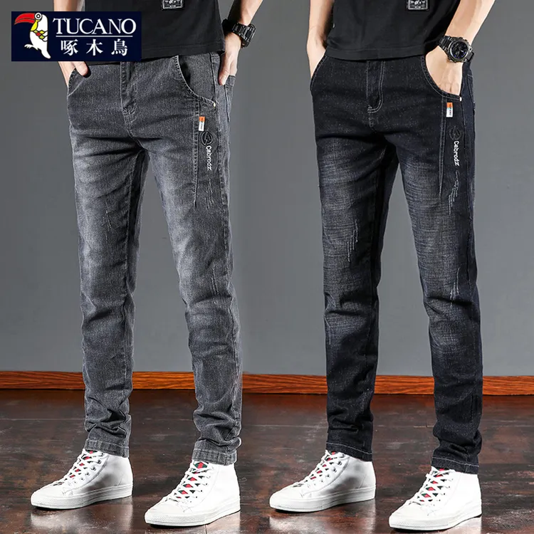 啄木鸟秋冬加绒牛仔裤男士修身直筒新款加厚显高宽松休闲长裤子男