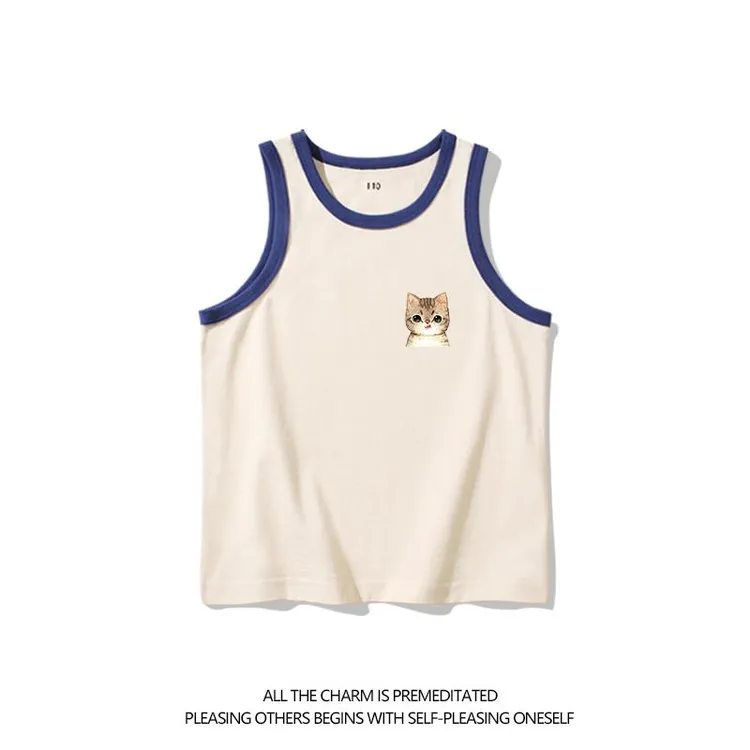 小猫卡通趣味印花儿童纯棉背心夏季薄款女童无袖坎肩t恤大童上衣
