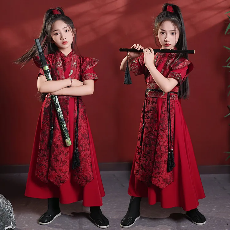 红色古装花木兰汉服女童夏季侠客风中国风cos剑客武侠儿童演出服
