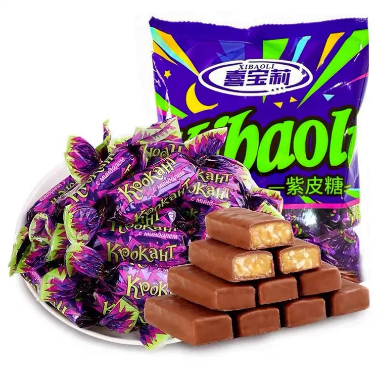 俄罗斯食品紫皮糖美味巧克力涂层糖果休闲食品小零食