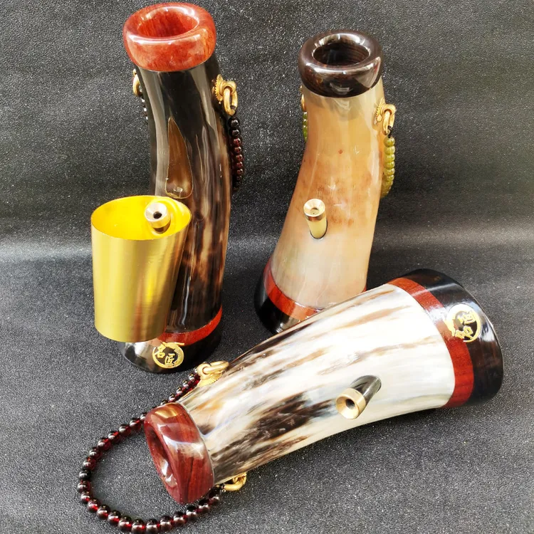 耗牛角水焑筒天然过滤水焑壶手工制作焑袋便携高档铜焑嘴广东焑同