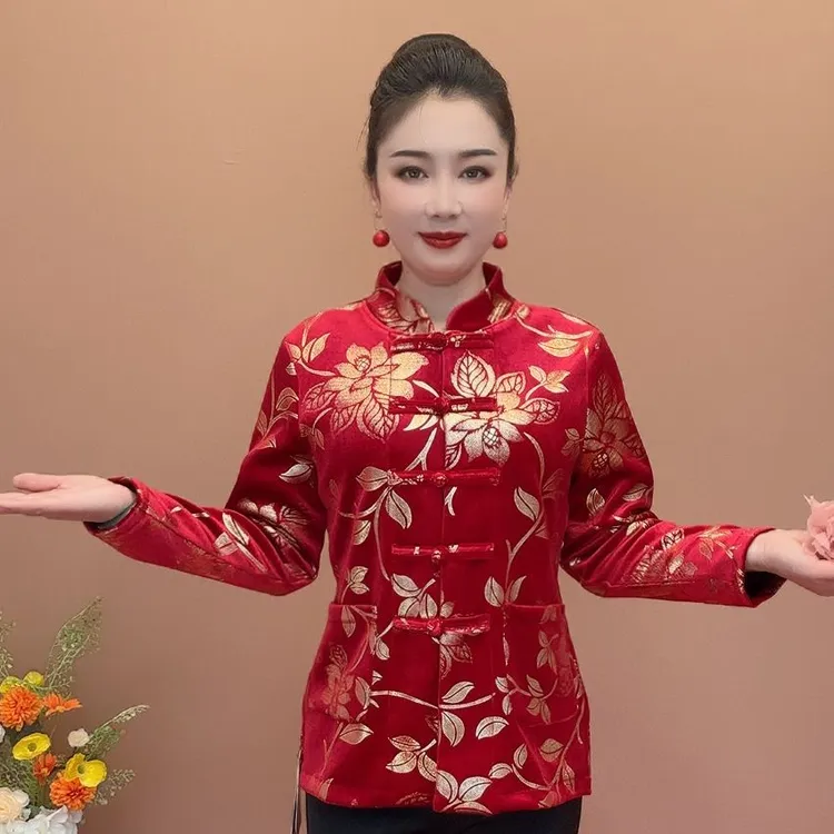 盘扣复古加绒新款外套加厚保暖烫金中老年上衣妈妈宽松开衫发货