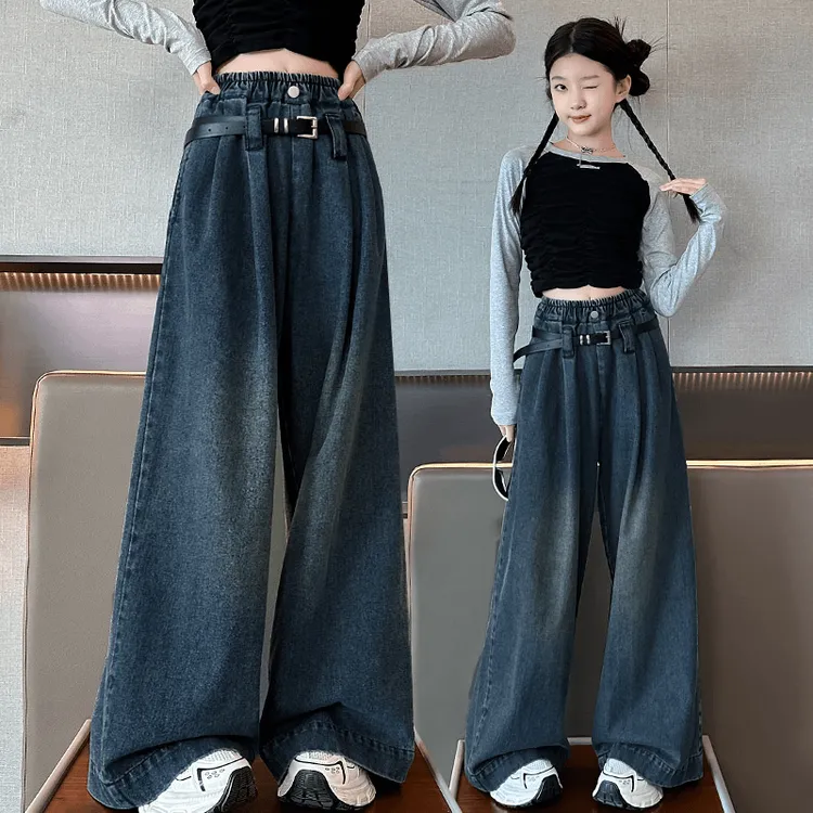 女大童裤子春秋装2024新款牛仔裤儿童直筒裤中大童洋气女孩阔腿裤