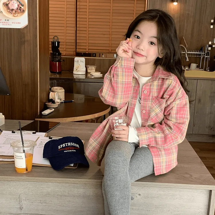 儿童洋气粉色格子衬衫2025春秋新款女童韩版长袖衬衣宝宝春装上衣